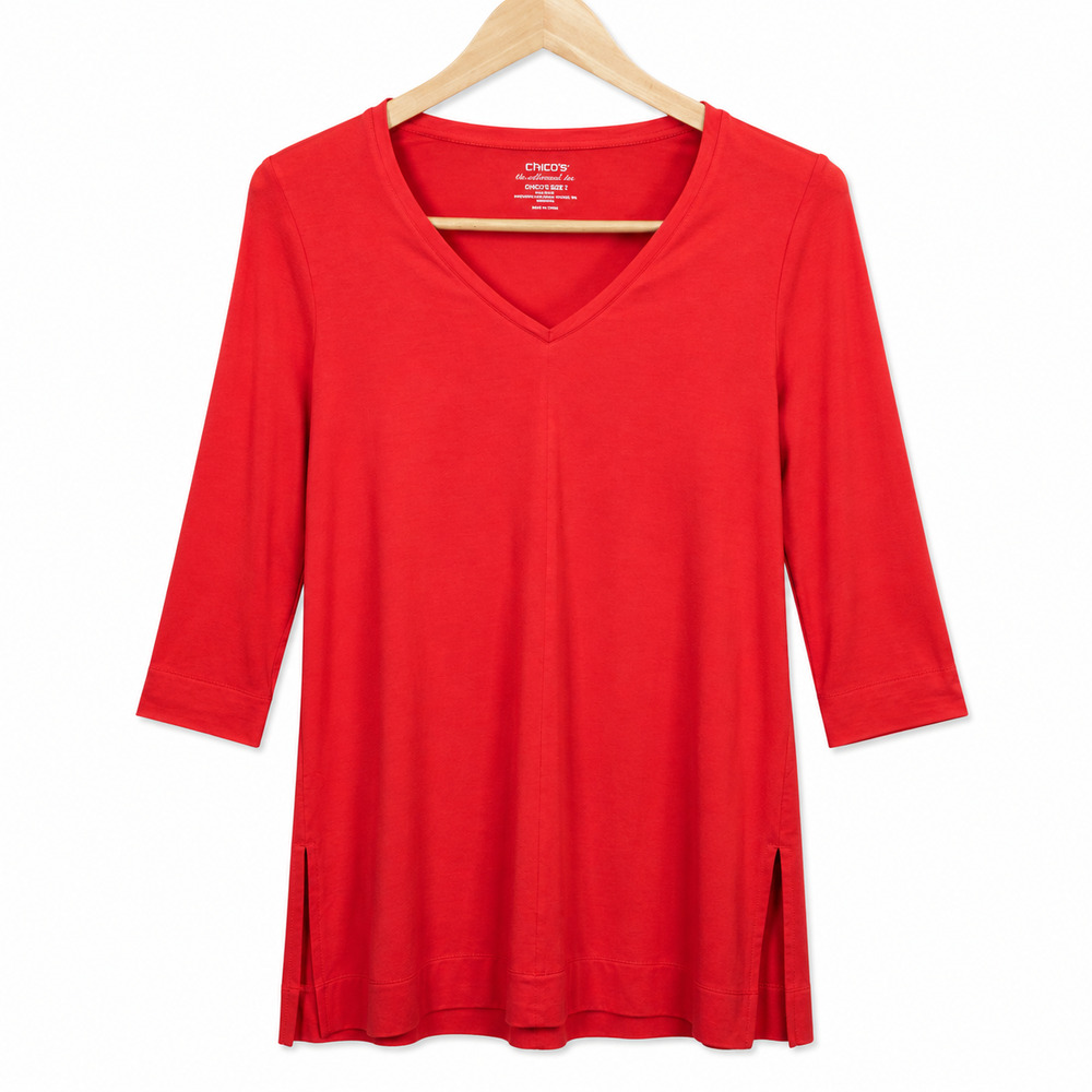 Chicos The Ultimate Tee Womens Medium Red 3/4 Sleeve Pima Cotton Modal Blend